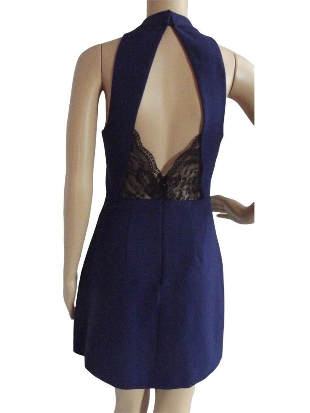 Express Dress Womens 4 Blue Mock Neck Sleeveless Keyhole Sheath back black lace